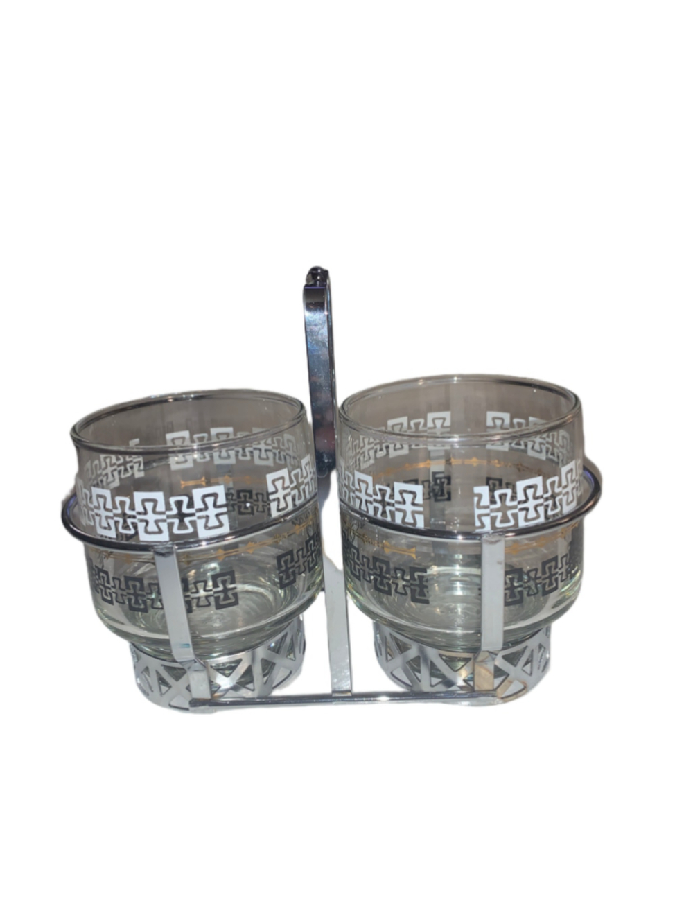 MCM Libbey vintage condiment Set of 2 Glass Cups with Silver Metal Caddy
